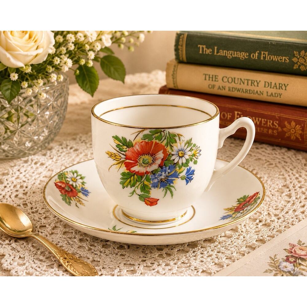 Duchess Bone China England Teacup Saucer Set Wildflower Poppy Gold Trim